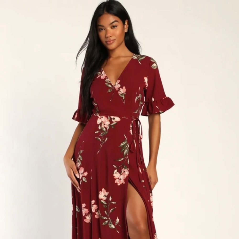 Lulus September Sunsets Burgundy Floral Print Wrap Maxi Dress Red - Size S